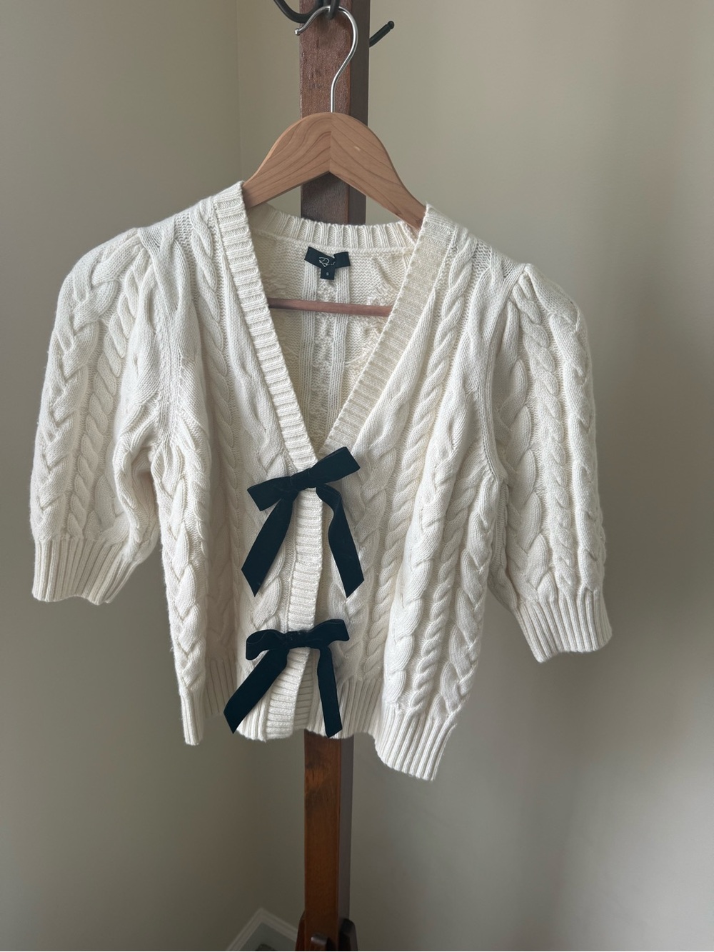 Rails Cream Cable-Knit V-Neck Cardigan with Black Ribbon Bows
